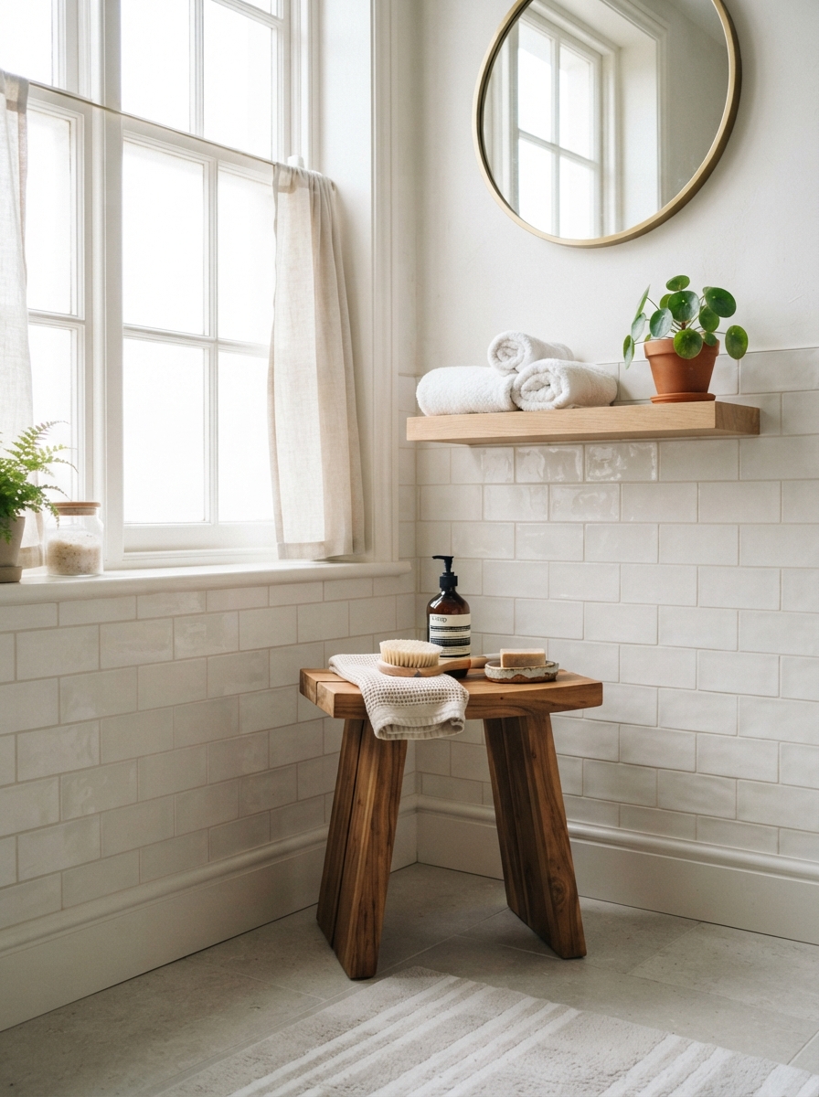 Teak stool and wood tray in a bathroom corner