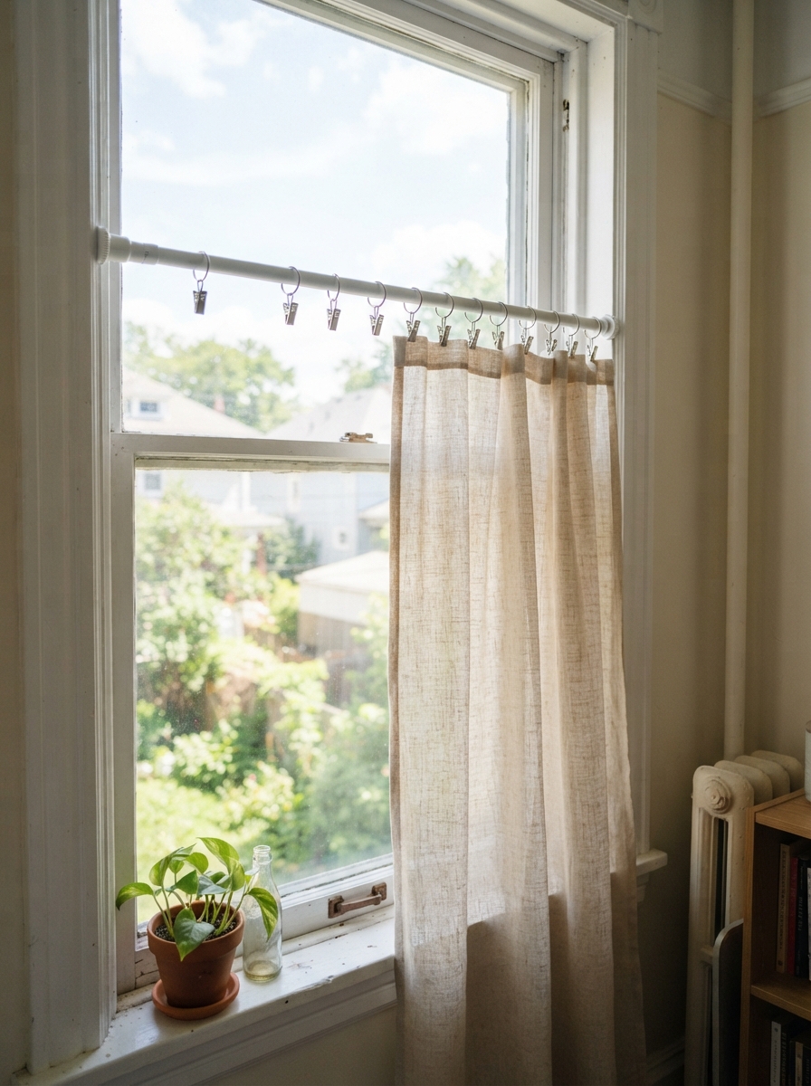 Tension rod and clip-ring curtain in a rental window