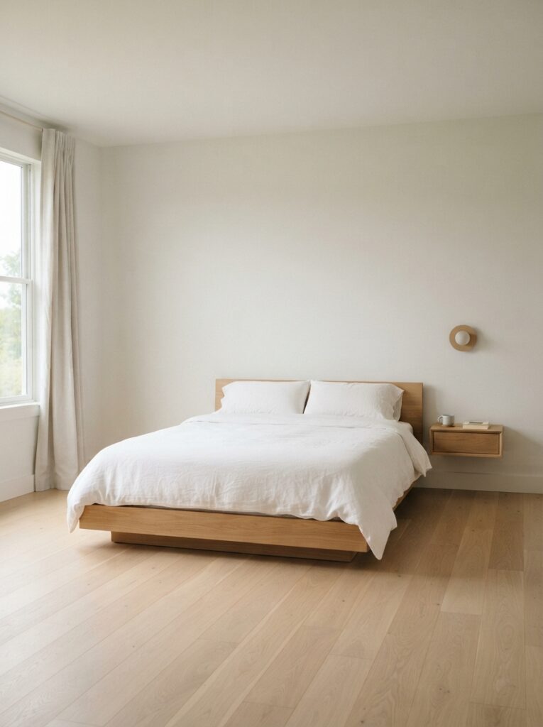 a radically edited minimalist bedroom with cleared surfaces and only essential objects remaining