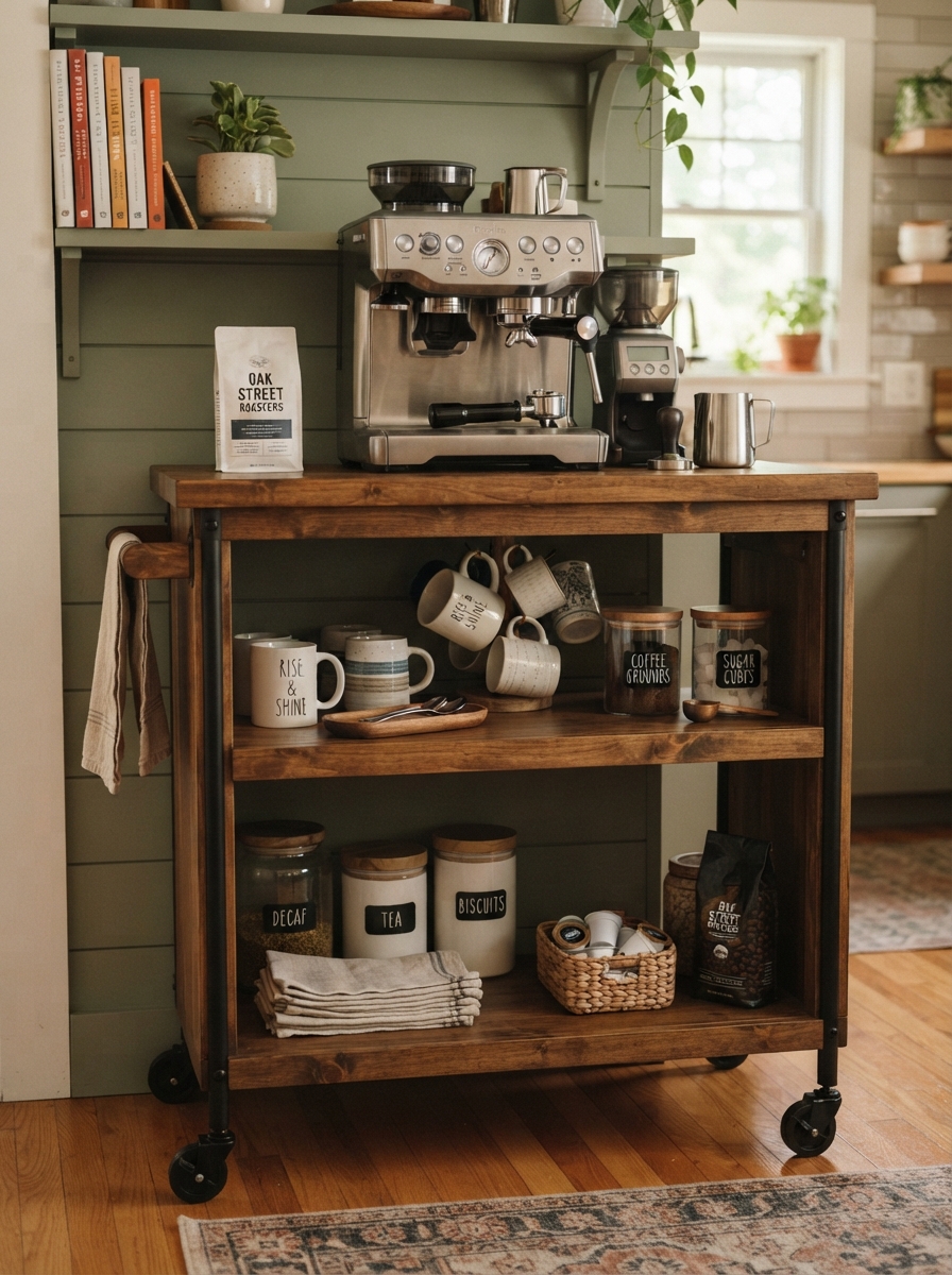 Three-tier wooden cart used as a coffee station