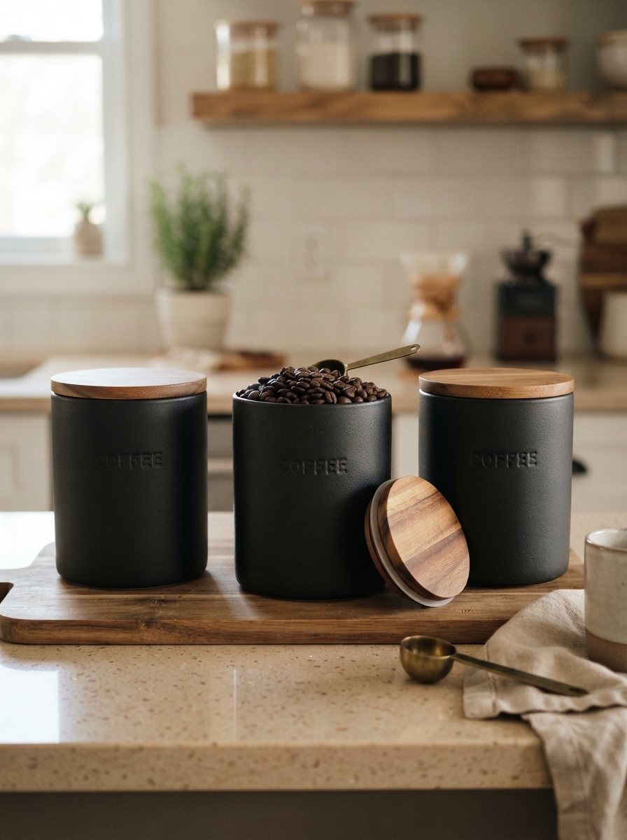 Three canisters with wooden lids