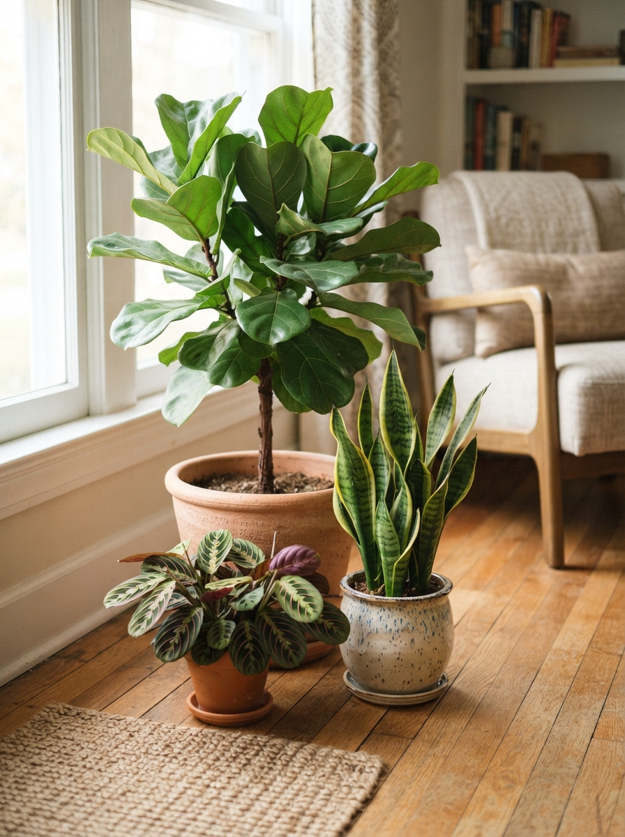 Three houseplants of different sizes grouped together