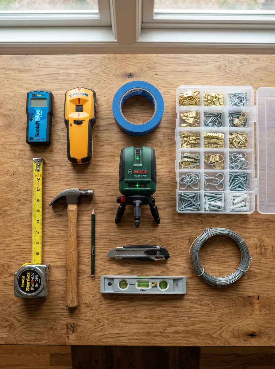 Tools and supplies laid out for hanging a gallery wall