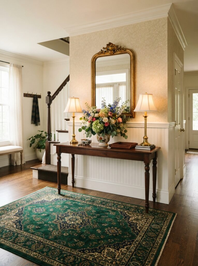 traditional entryway with a console table flanked by matching brass lamps and a patterned rug