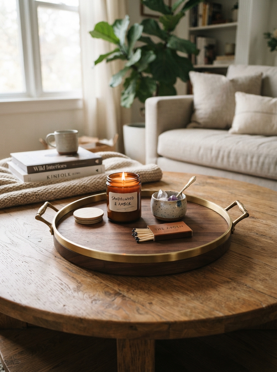 Wood and brass tray centered on a coffee table