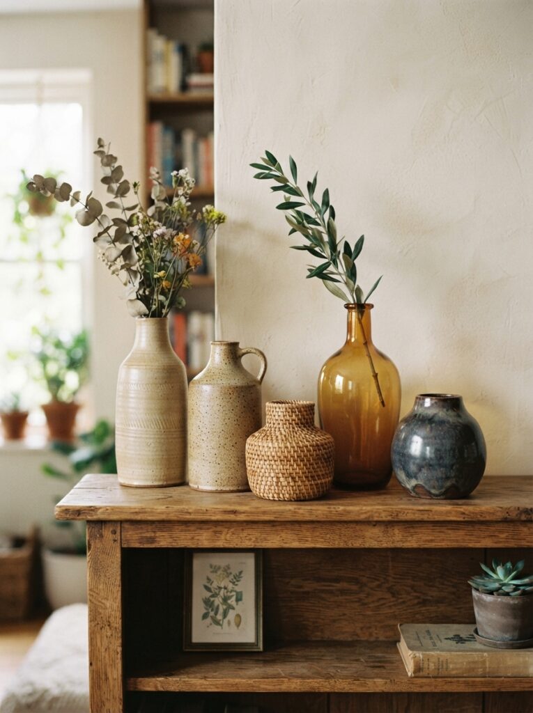 a grouping of vases and vessels in varying shapes styled on a shelf