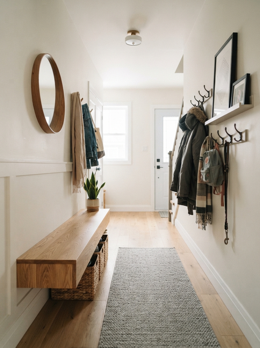 Wall mounted bench in hallway
