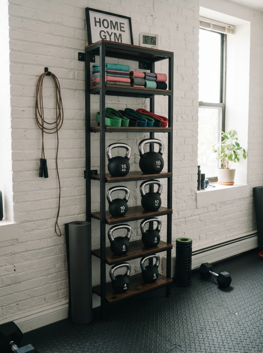 Wall-mounted shelving unit holding weights and gym accessories