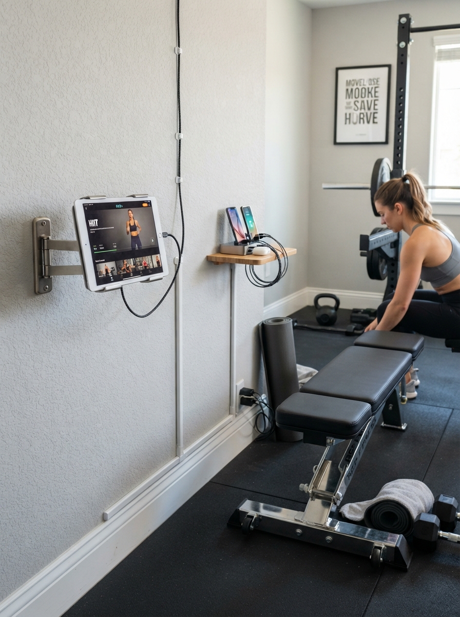 Wall-mounted tablet holder with managed workout equipment cords