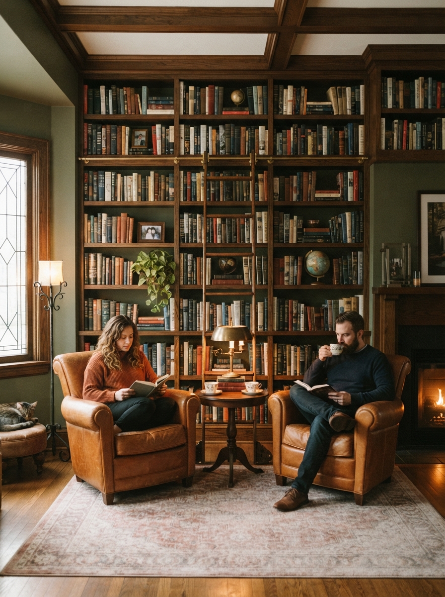 Wall of bookshelves with ladder