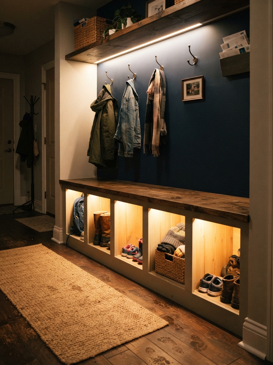 Warm strip lighting under shelf