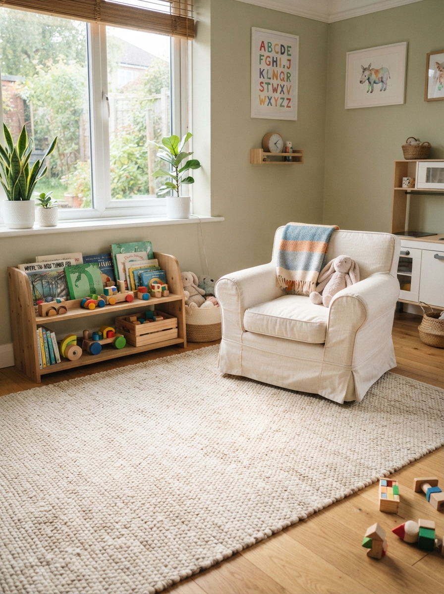 Washable rug and slipcovered armchair