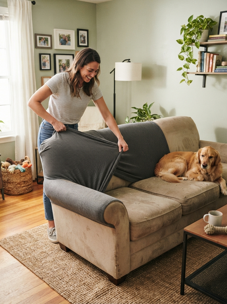 Washable slipcover on a sofa, a budget-friendly pet-proofing decor update