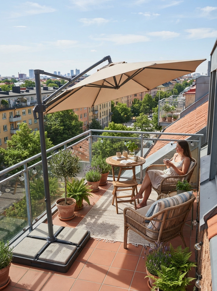 Weighted cantilever parasol shading a balcony