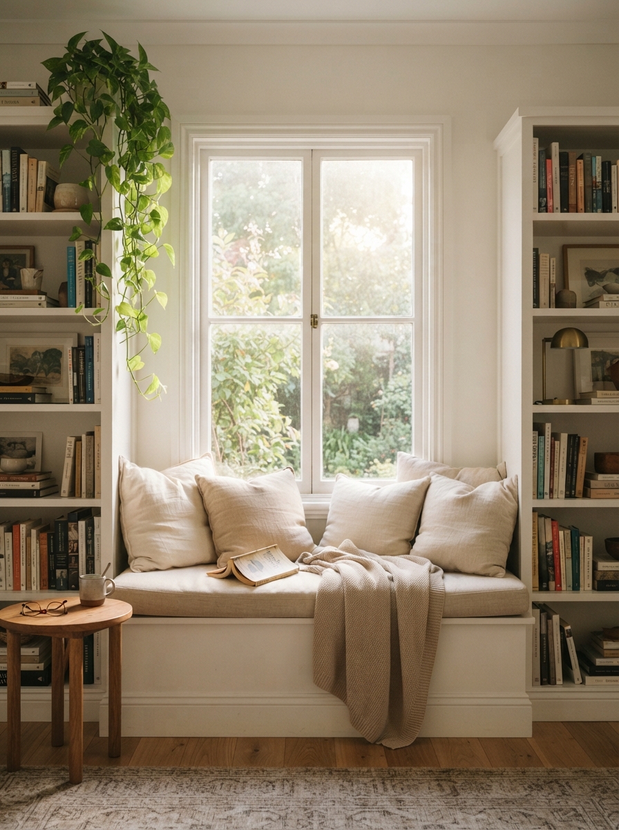 Built-in window seat reading nook flanked by bookshelves