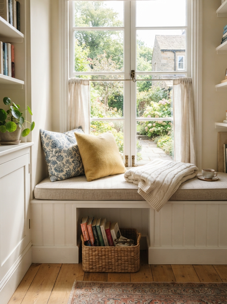 Window seat with cushion pillows