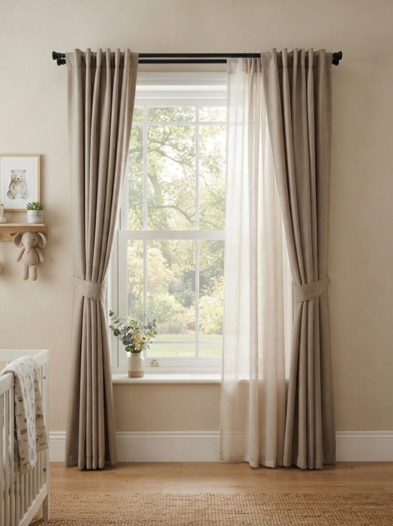 Nursery window with cordless blackout curtains