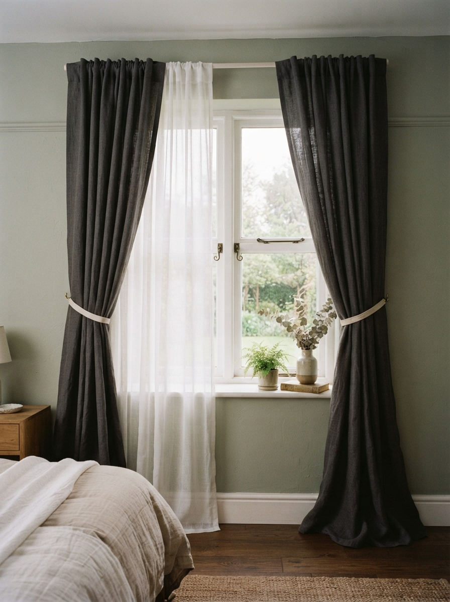 Window layered with sheer curtains and blackout panels