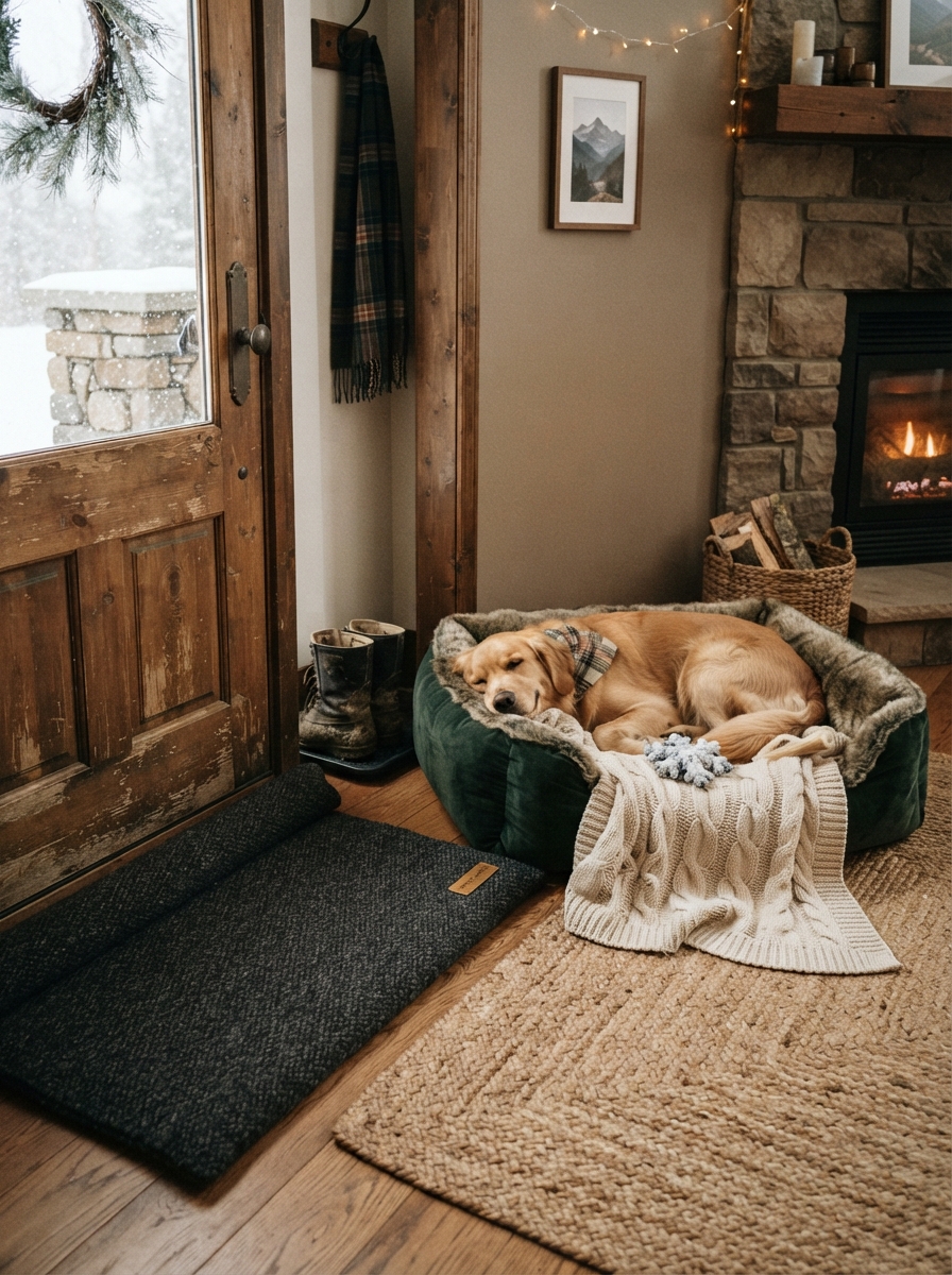 Winter pet bed with a washable throw blanket for cold months