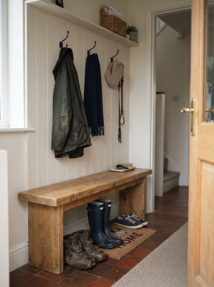 Wooden mudroom bench with boots