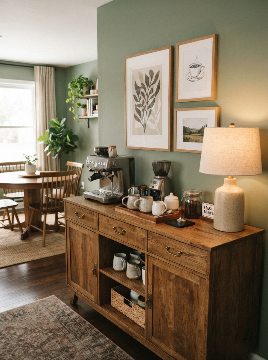 Wooden sideboard styled as a coffee station