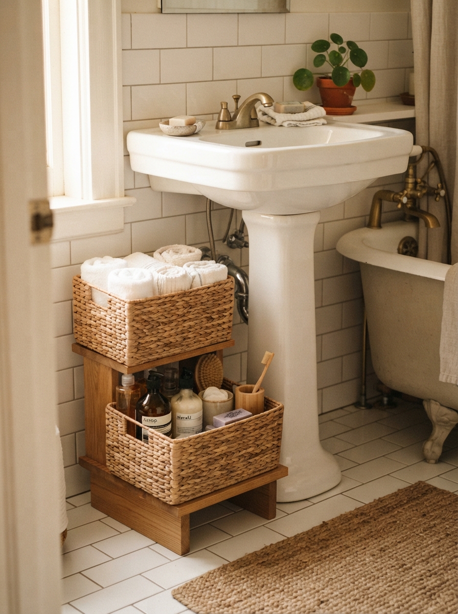 Woven baskets organized under a bathroom pedestal sink