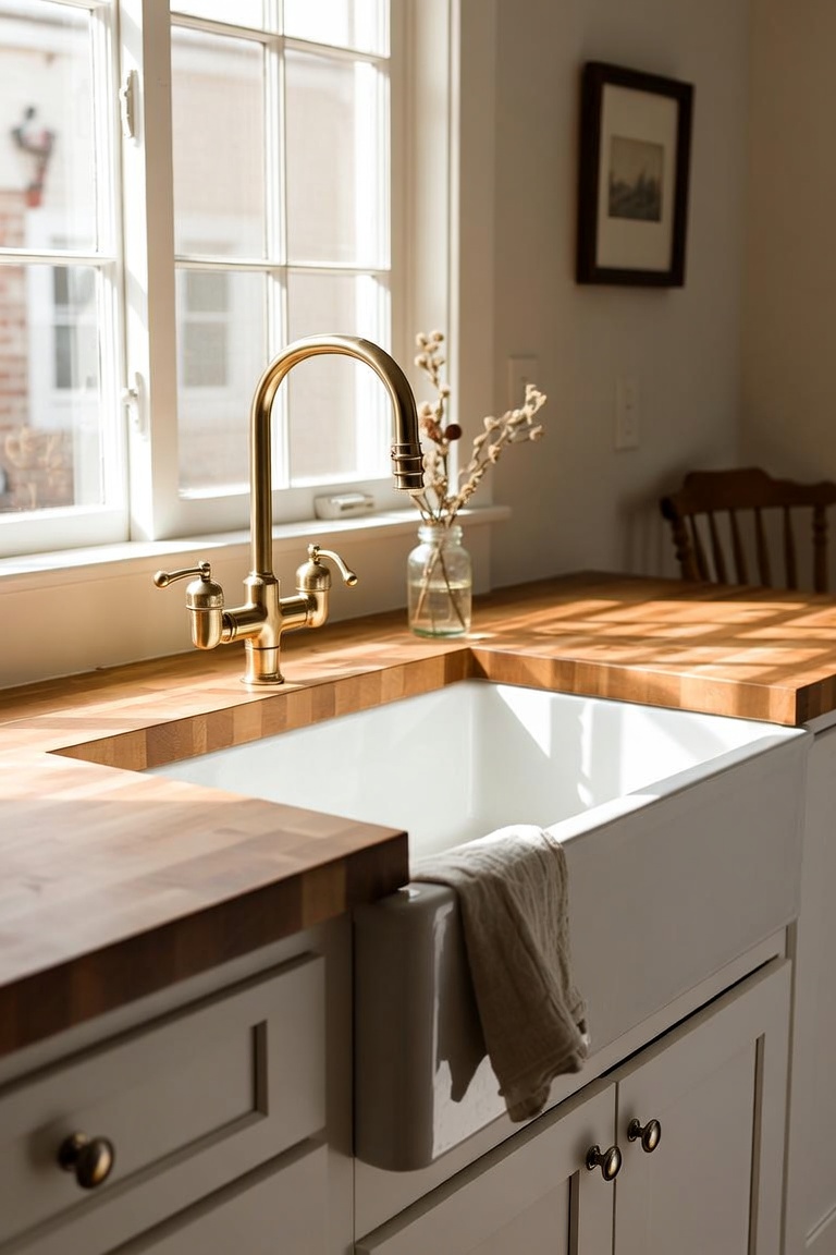 Farmhouse apron sink with brass faucet and butcher block countertop