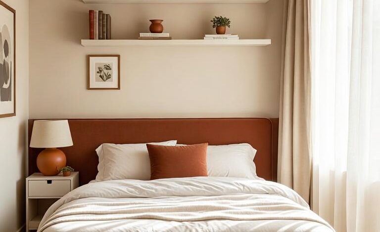 small bedroom with terracotta upholstered headboard, floating shelves, and storage ottoman