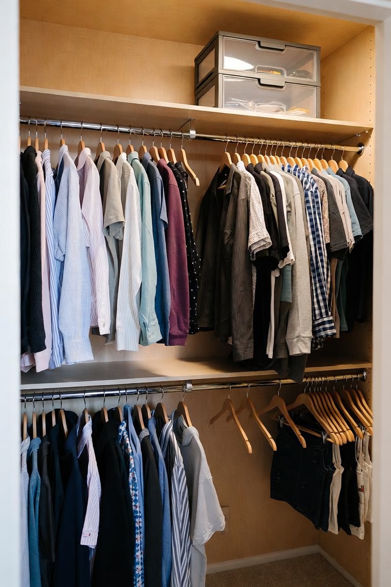 small closet with double hang rods and matching wood hangers