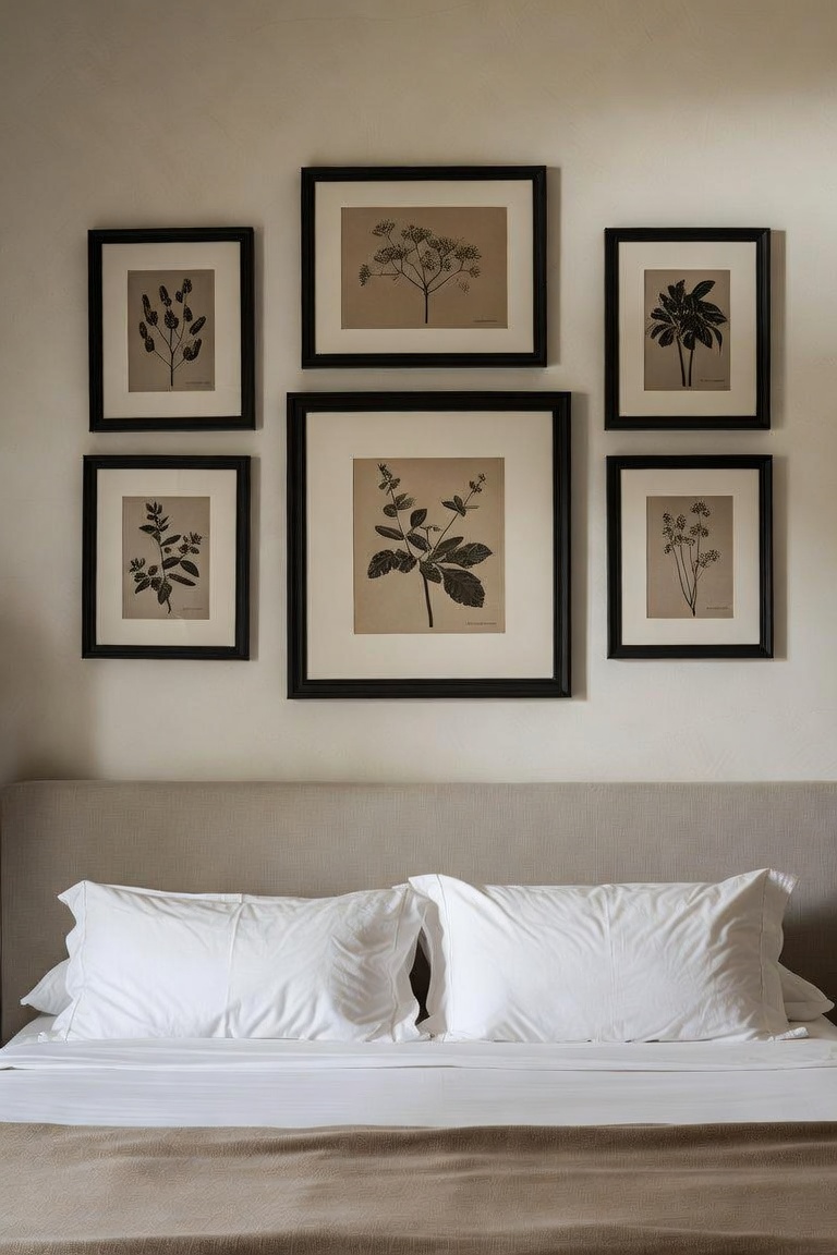 Symmetrical gallery wall of framed botanical prints above a bed headboard