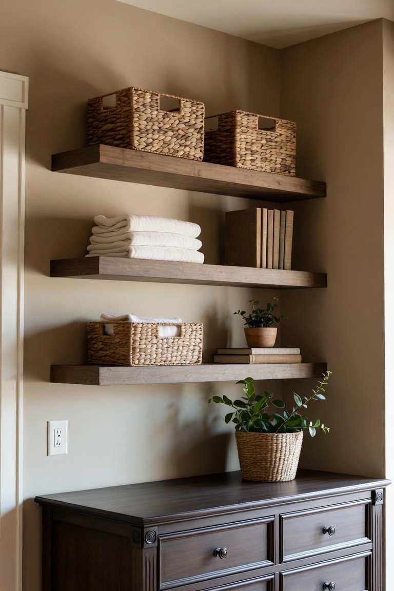 floating shelves in small bedroom styled with woven baskets, towels, and books