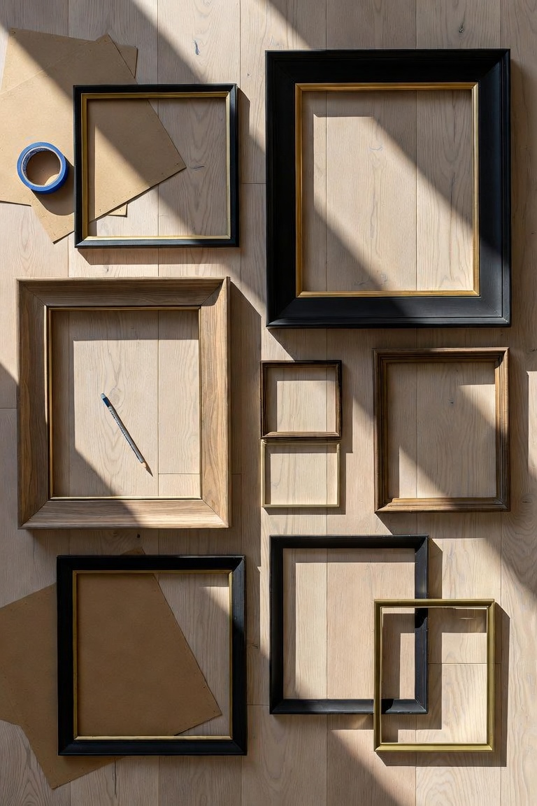 Salon-style gallery wall with mixed black and wood frames and a round mirror above a sofa