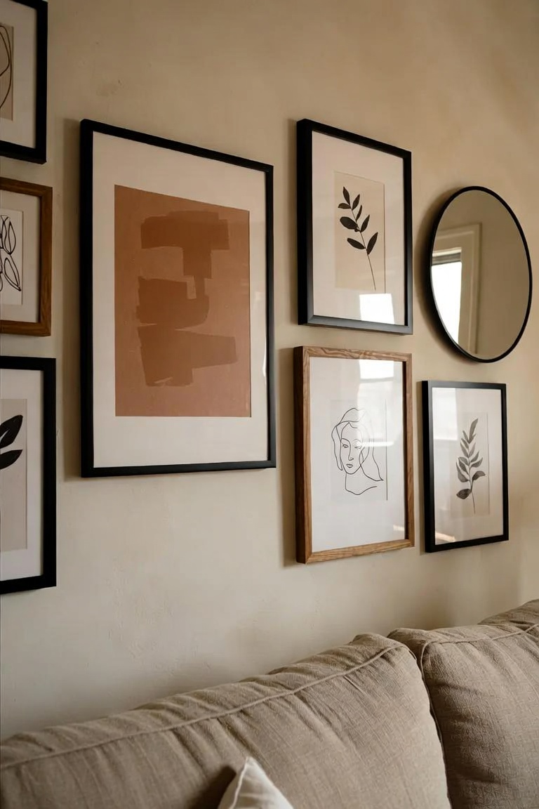 Empty picture frames arranged on the floor to plan a gallery wall layout