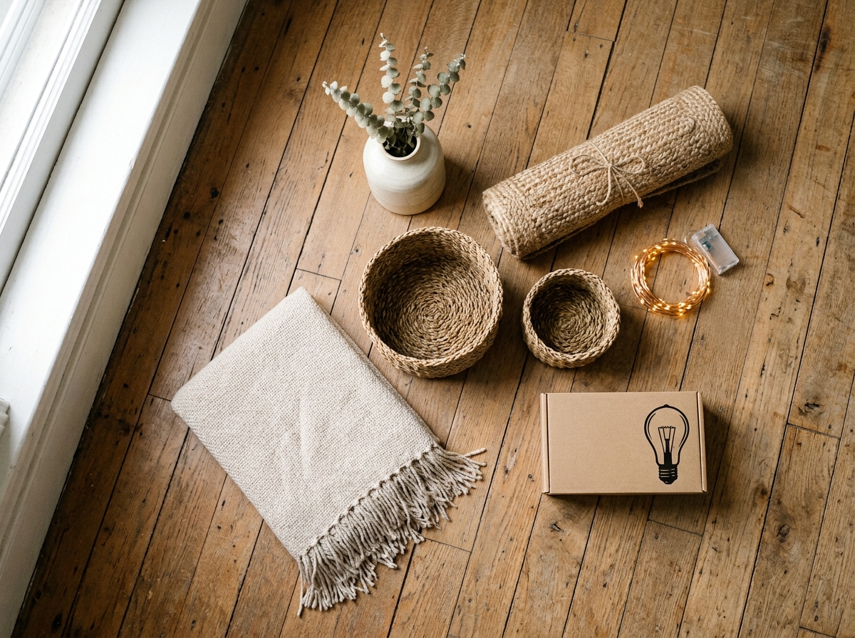 Affordable home decor haul with baskets, throw and brass accents on a wood floor