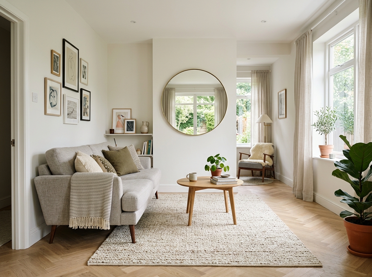 small living room with raised sofa legs, large mirror and light walls