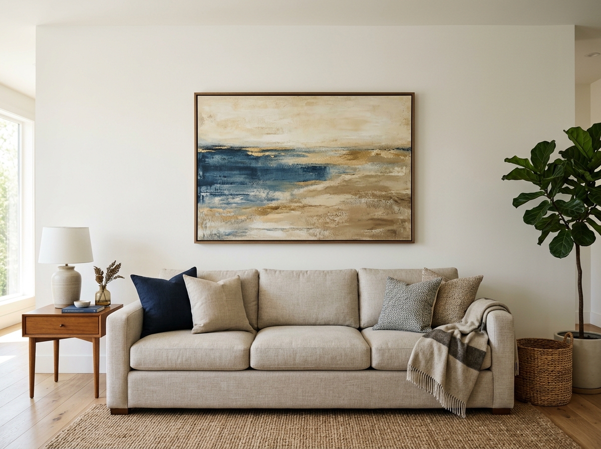 Neutral sofa with oversized art above it for a designer look for less