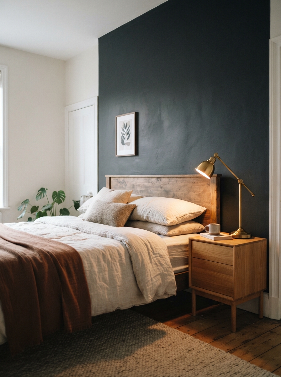 deep charcoal accent wall behind a bed in a dark academia bedroom