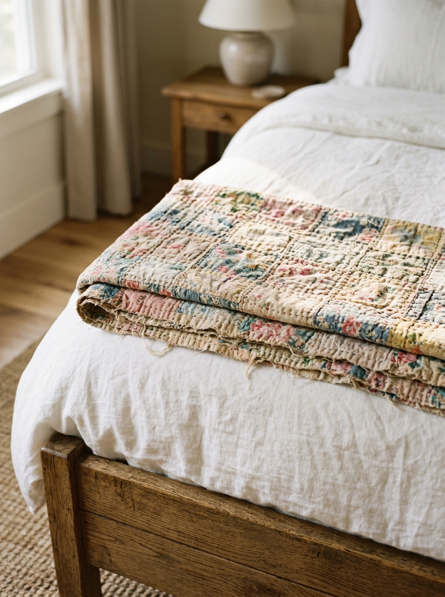 vintage floral patchwork quilt folded over a white duvet on a cottagecore bed