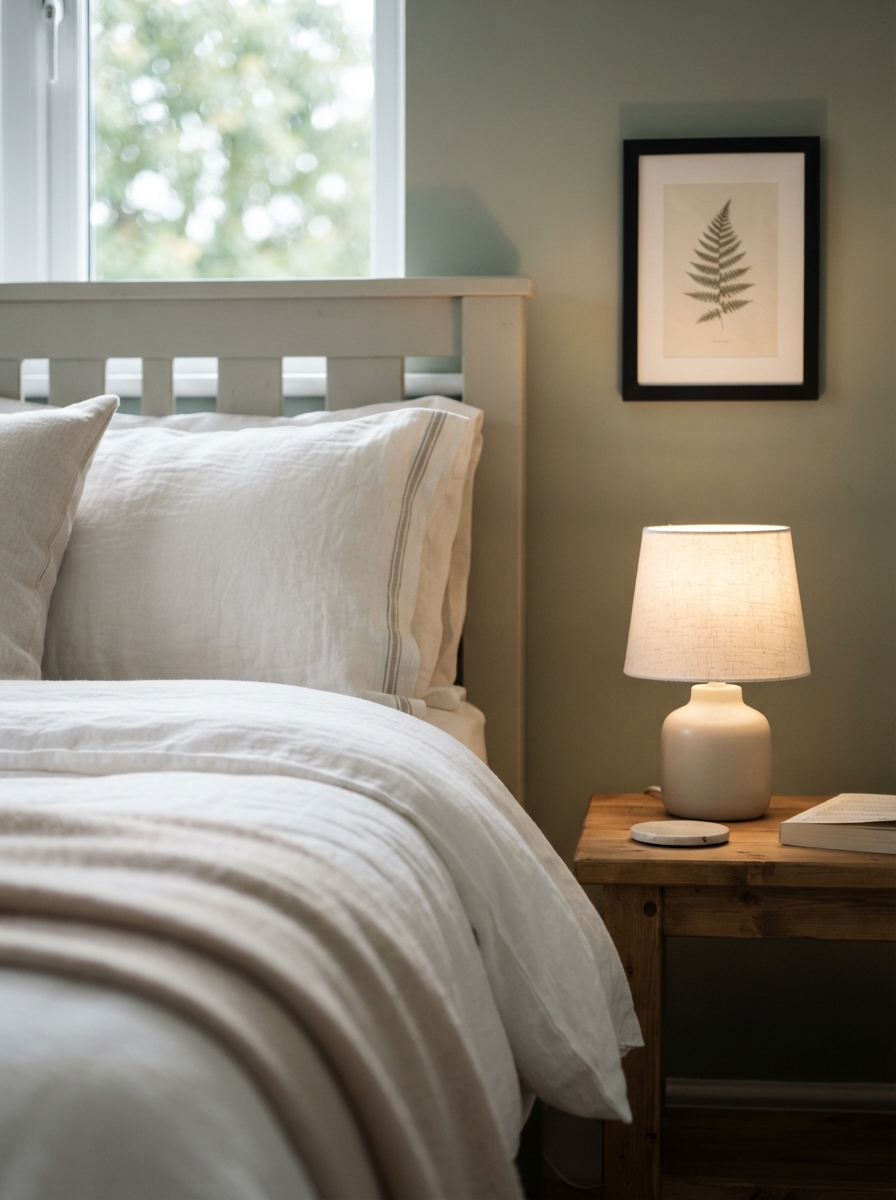 Crisp white bedding and a ceramic bedside lamp in a boutique style bedroom