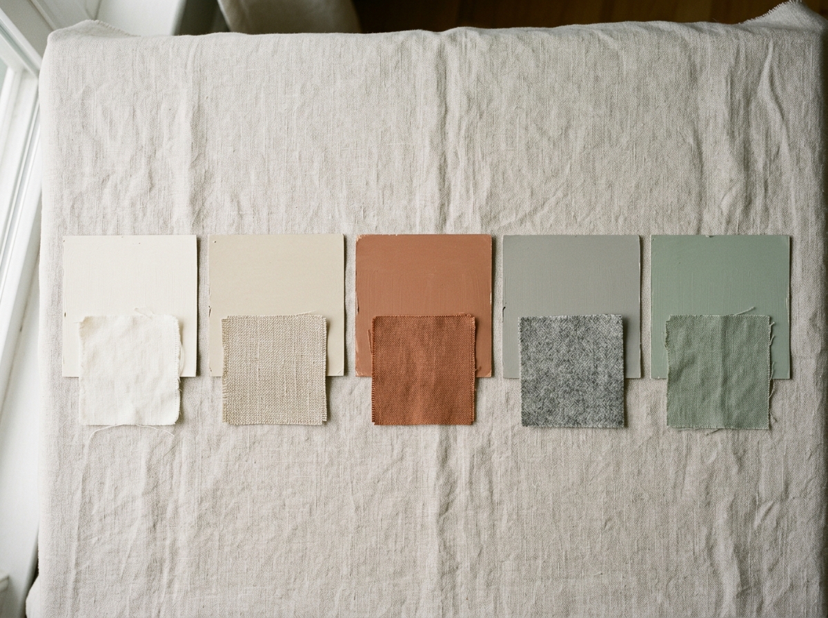 Neutral paint and fabric palette laid out for the 60-30-10 styling rule