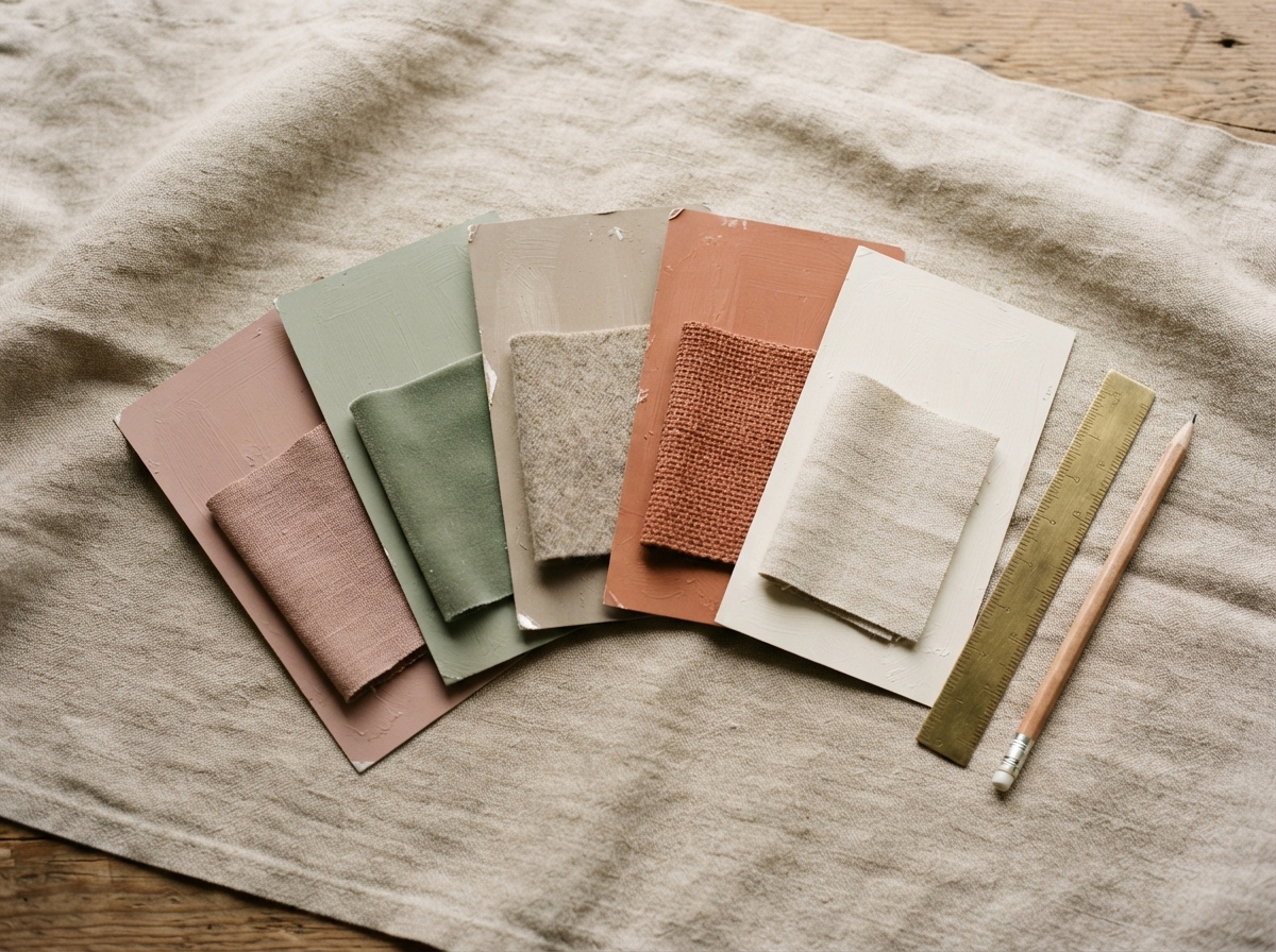 bedroom color scheme swatch cards and fabric samples laid out on linen