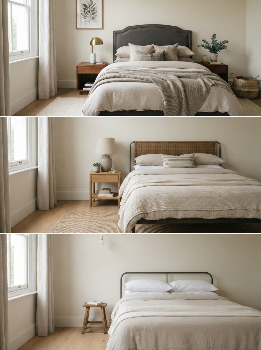 same bedroom corner styled at three budget levels for comparison