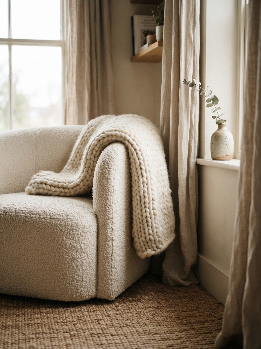 bedroom corner layering boucle, jute, linen, ceramic and knit textures