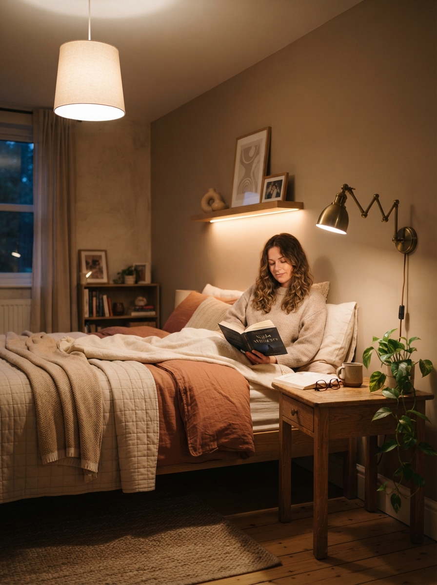 bedroom showing ambient, task and accent lighting layers together