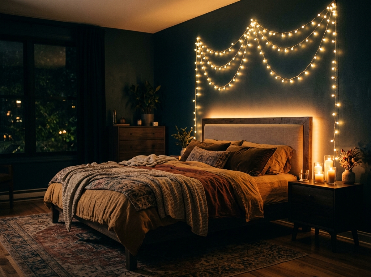 bedroom at night lit with fairy lights, warm LED strip behind the headboard and candles