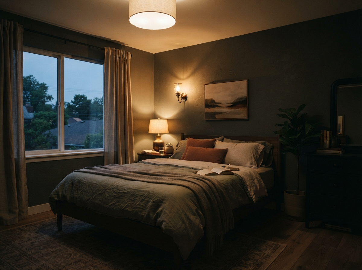 bedroom lit by three layers of light, bedside lamp, sconce and dim overhead