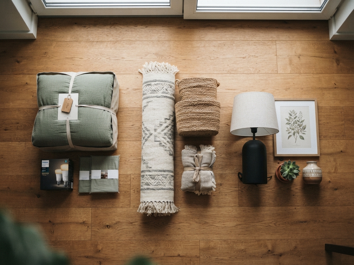 bedroom refresh haul flat lay grouped by budget, mid range and premium