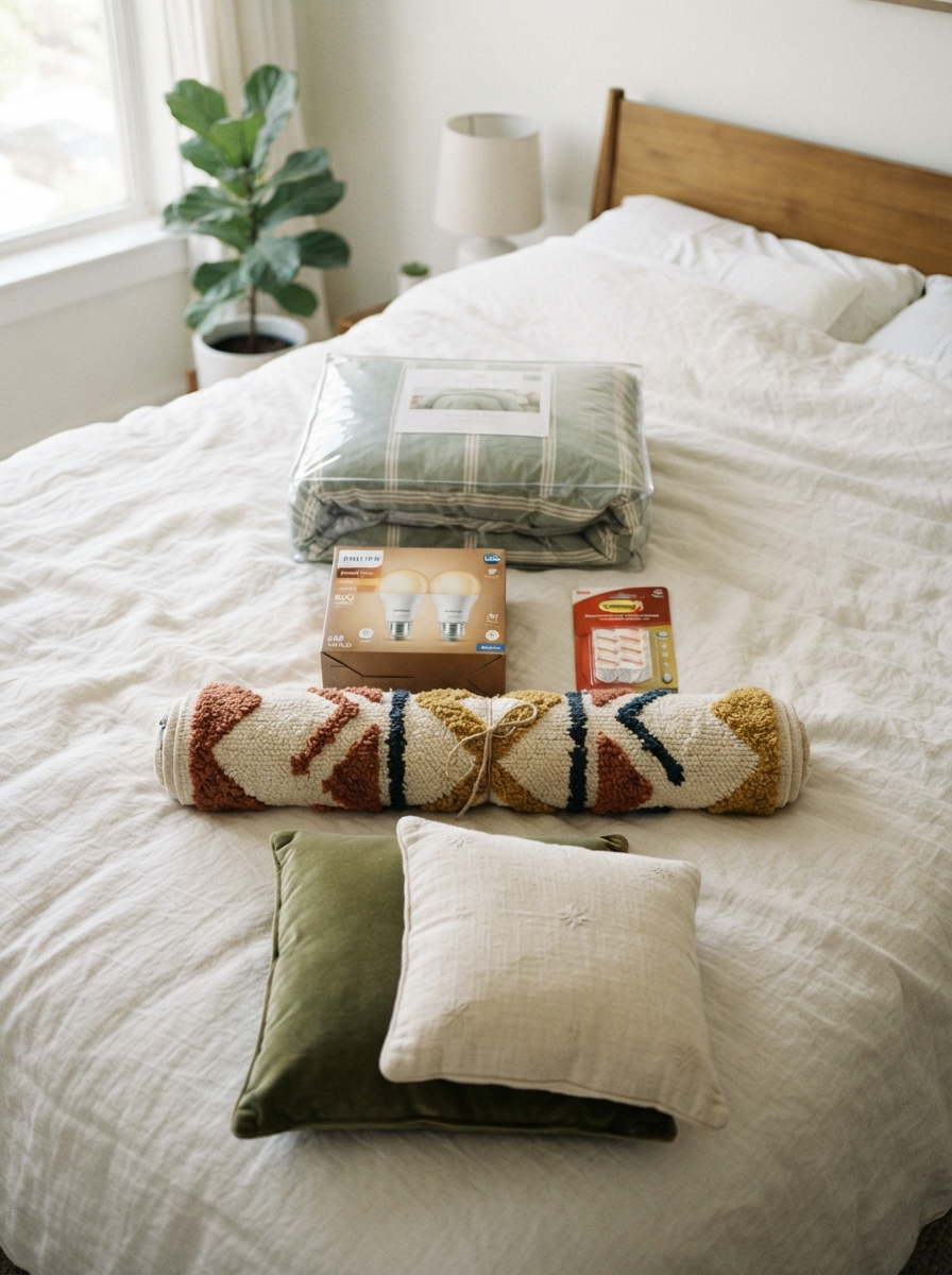 no tool bedroom upgrade items including bulbs, cushion covers and adhesive hooks