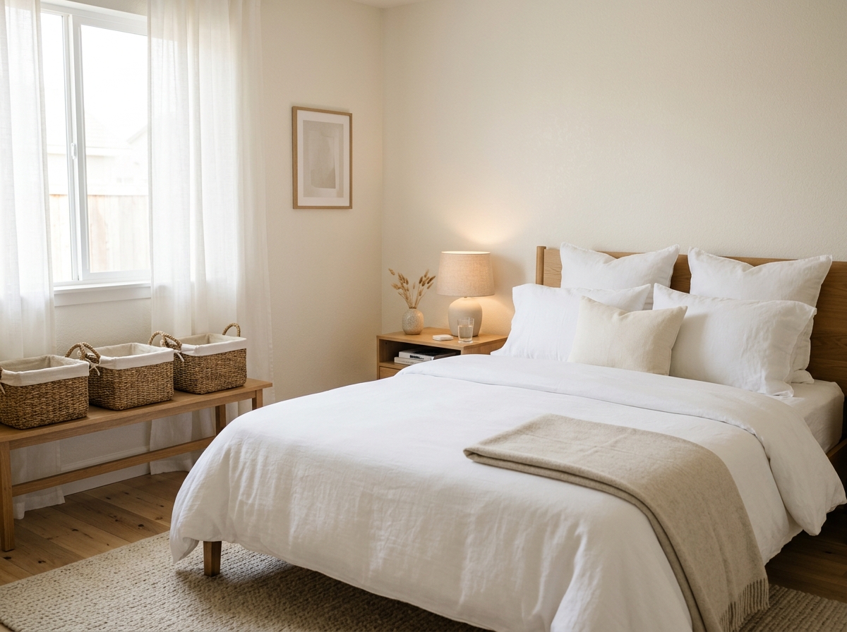 neutral bedroom with perfectly made bed and matching woven storage baskets