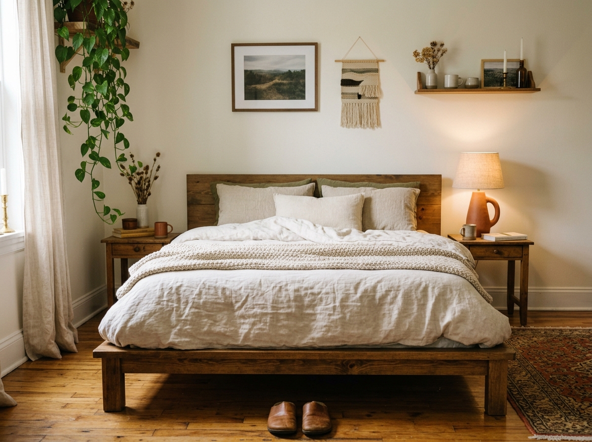 aesthetic bedroom with layered neutral linen bedding, ceramic lamp and morning light